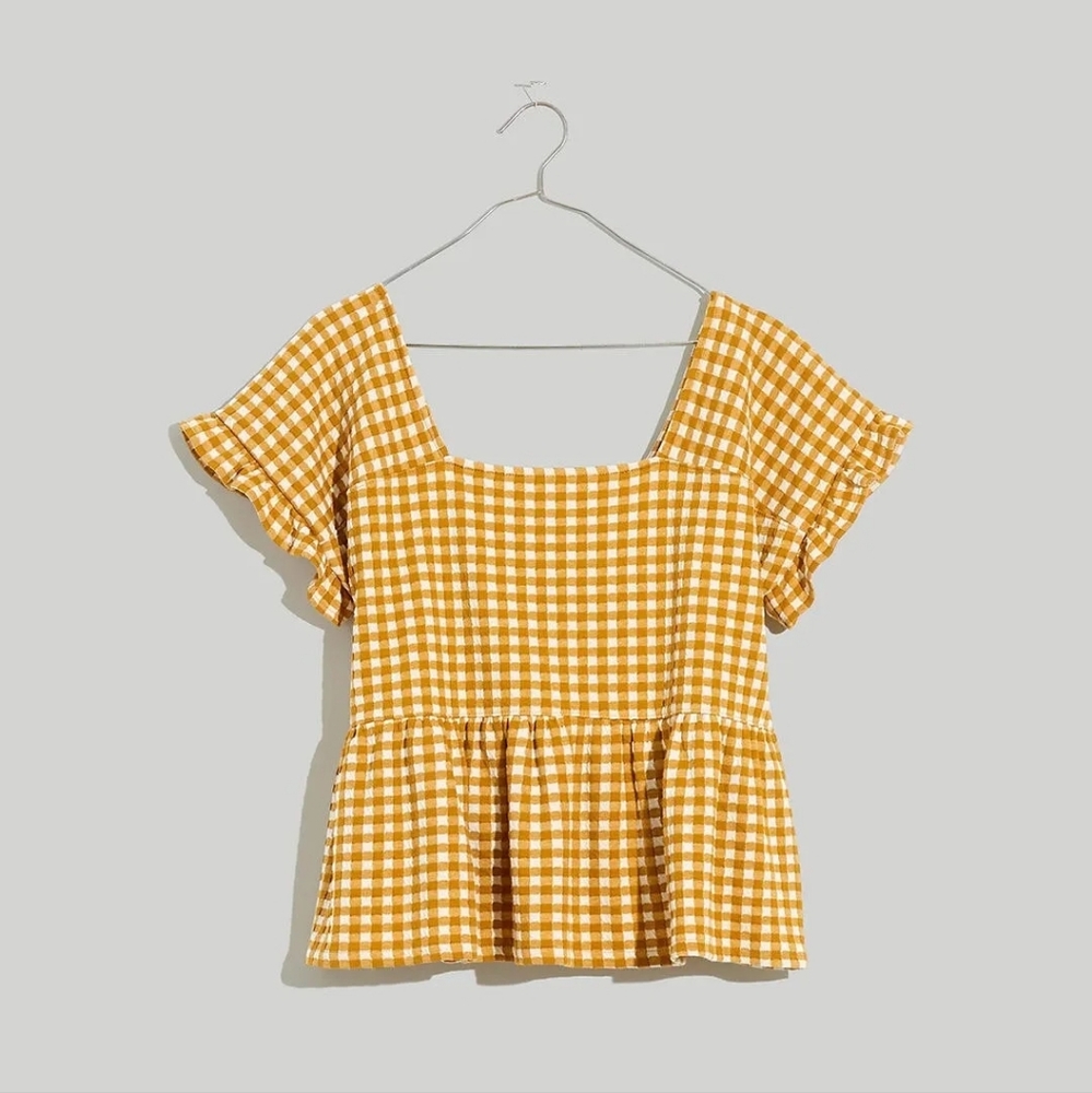 Madewell Gingham Knit Peplum Ruffle Hem Blouse Yellow Mustard Top Size XS